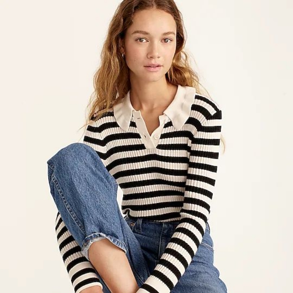 J Crew Ribbed Merino Wool Striped Ruffle Collar Long Sleeve Pullover Sweater XXL
